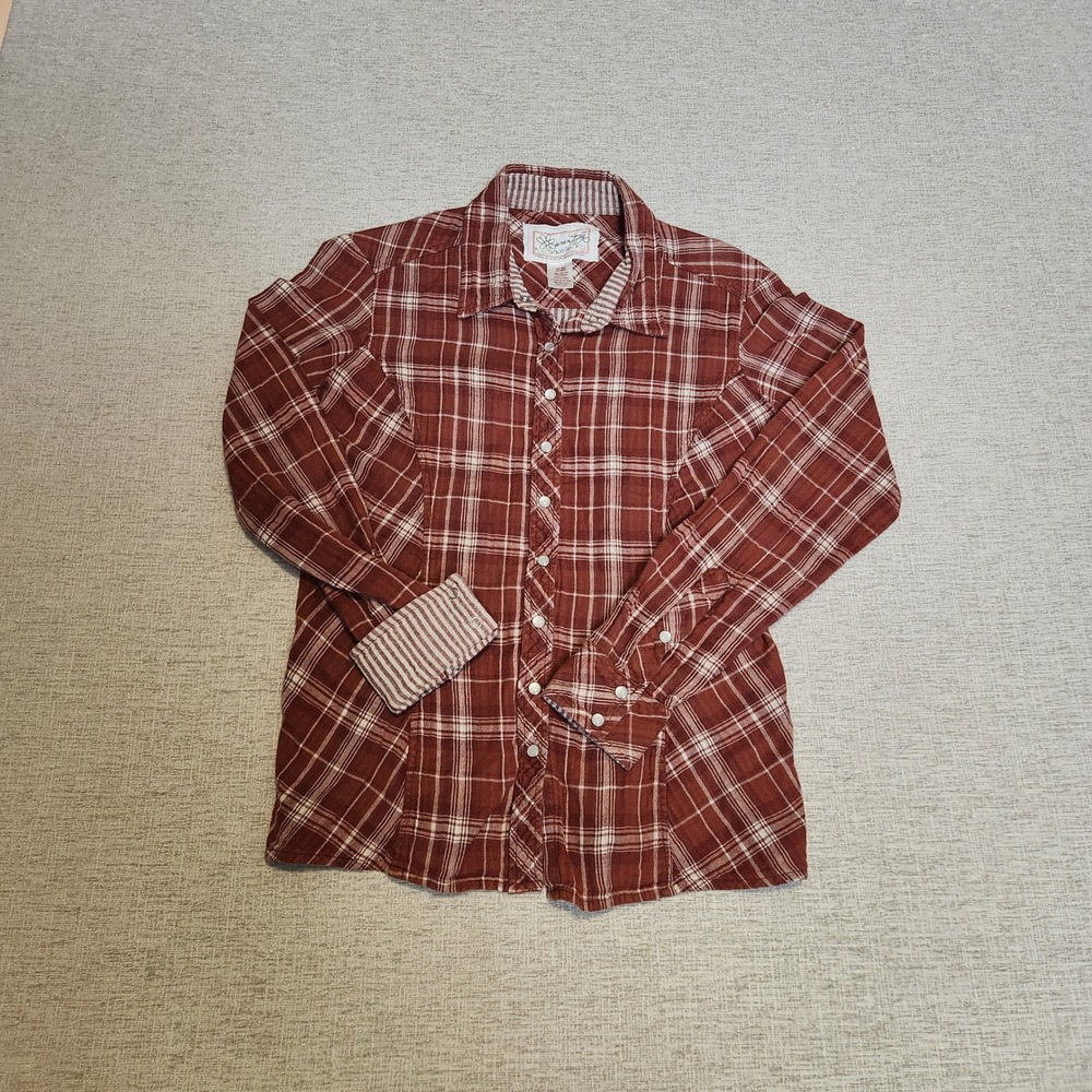 Aventura Plaid Button Down Women Large Red White Snap Long Sleeve Contrast Cuff